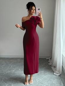 Modelyn 女款斜肩花卉裝飾法式優雅派對返校舞會禮服 - 酒紅色 - 查看 4