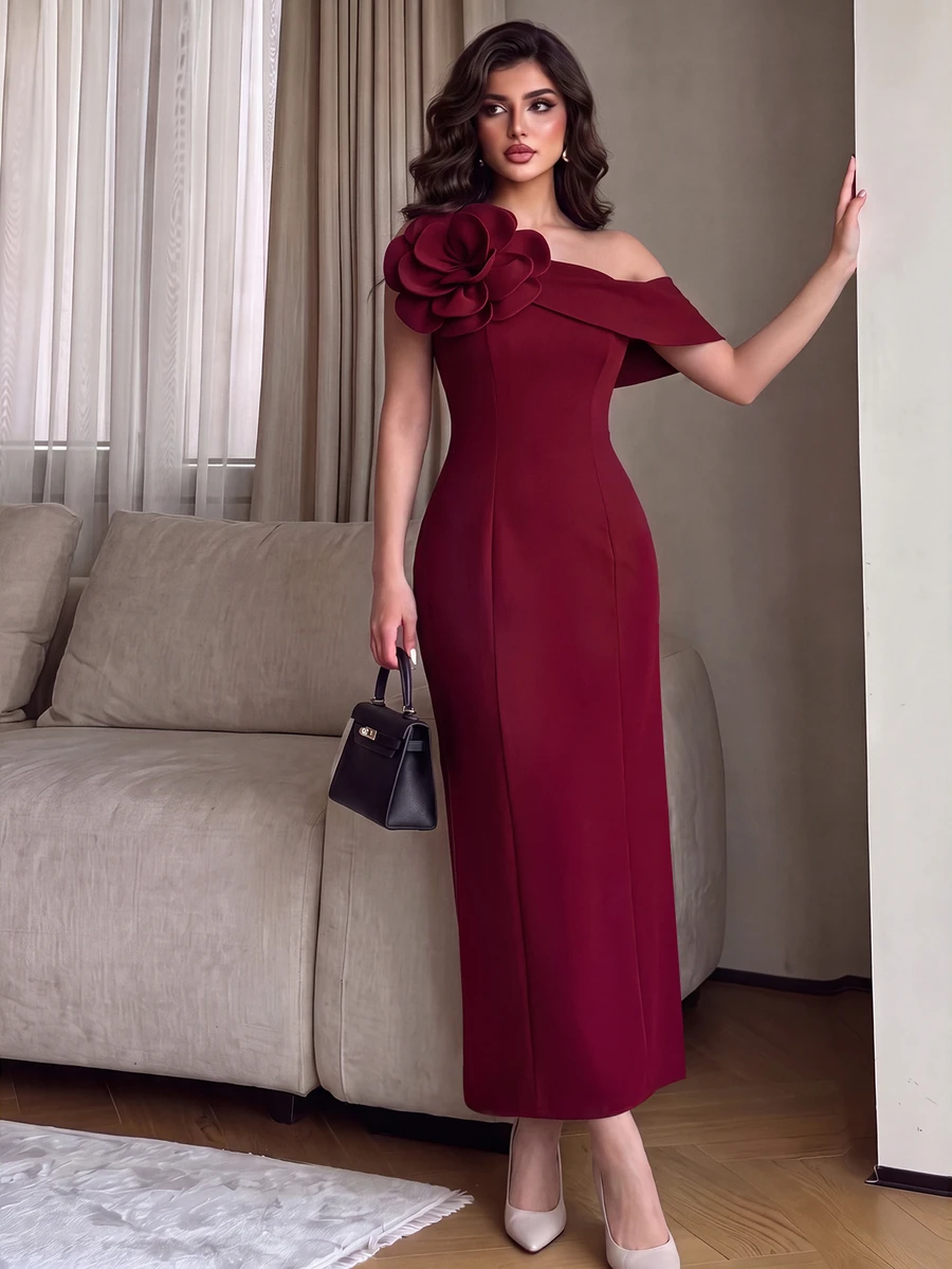 Modelyn 女款斜肩花卉裝飾法式優雅派對返校舞會禮服 - 酒紅色 - 查看 1