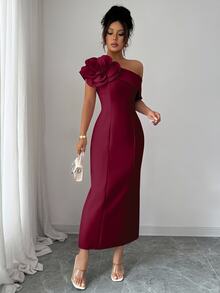 Modelyn 女款斜肩花卉裝飾法式優雅派對返校舞會禮服 - 酒紅色 - 查看 5