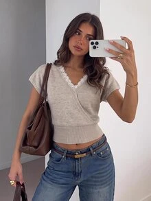 Siren Gaze New Lace Patchwork V-Neck Knit Top For Women - Khaki - View 7