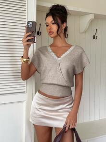 Siren Gaze New Lace Patchwork V-Neck Knit Top For Women - Khaki - View 4