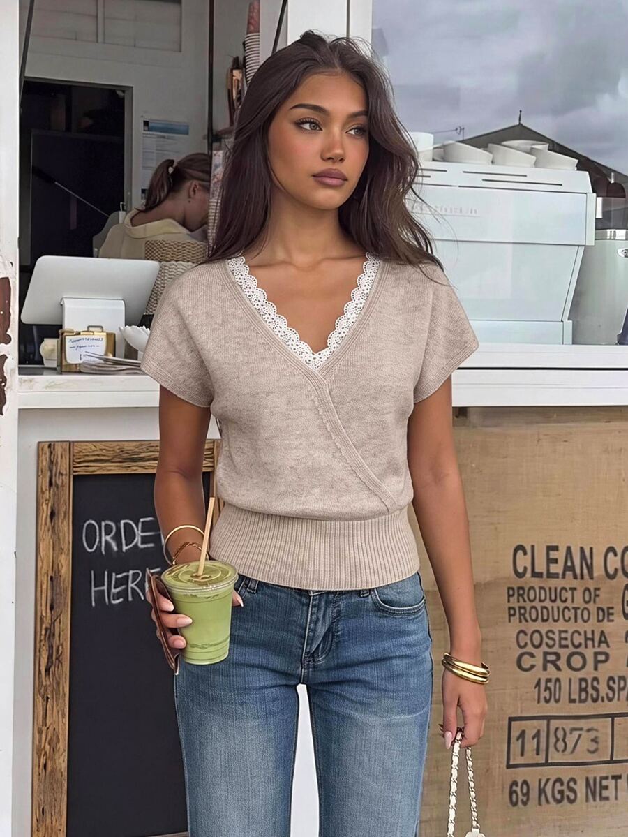 Siren Gaze New Lace Patchwork V-Neck Knit Top For Women - Khaki - View 1