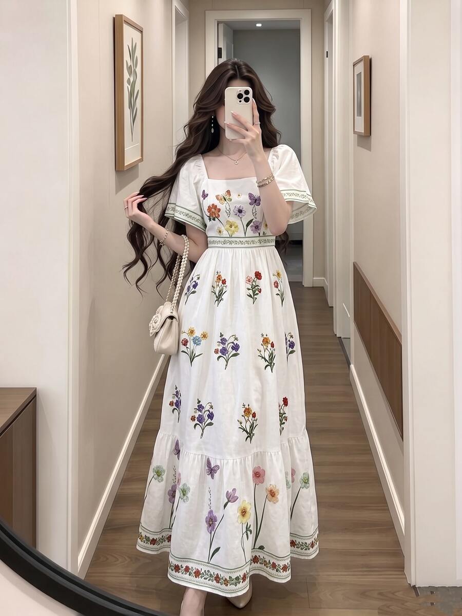 Modelyn 女款優雅花卉植物印花白色洋裝,時尚方領大荷葉袖小蓋袖洋裝,下擺拼接荷葉邊設計,波希米亞風女裝,適合夏季日常與外出穿著 - 彩色 - 查看 1