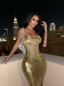 Eryvara Slim Fit Strappy Dress Maxi Women Outfit - Gold - View 4