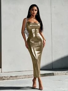 Eryvara Slim Fit Strappy Dress Maxi Women Outfit - Gold - View 1