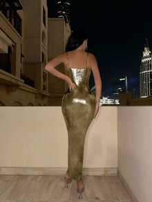 Eryvara Slim Fit Strappy Dress Maxi Women Outfit - Gold - View 3