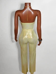 Zolique Women Metal Decor Fitted Sexy Backless SleevelessMetellic Twisted Asymmetrical Ruched Mini Dress Prom  Jumpsuit - Gold - View 2