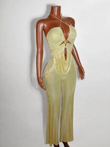 Zolique Women Metal Decor Fitted Sexy Backless SleevelessMetellic Twisted Asymmetrical Ruched Mini Dress Prom  Jumpsuit - Gold - View 4