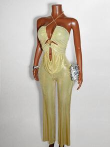 Zolique Women Metal Decor Fitted Sexy Backless SleevelessMetellic Twisted Asymmetrical Ruched Mini Dress Prom  Jumpsuit - Gold - View 5