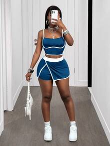 Zolique Women's Contrast Color Sports Casual Camisole Top & Skort Set - Blue - View 9