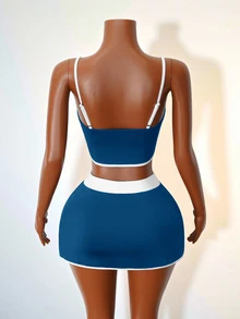 Zolique Women's Contrast Color Sports Casual Camisole Top & Skort Set - Blue - View 3