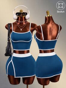 Zolique Women's Contrast Color Sports Casual Camisole Top & Skort Set - Blue - View 1
