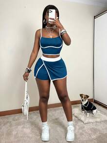 Zolique Women's Contrast Color Sports Casual Camisole Top & Skort Set - Blue - View 5