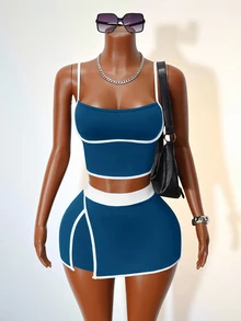 Zolique Women's Contrast Color Sports Casual Camisole Top & Skort Set - Blue - View 2