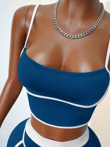 Zolique Women's Contrast Color Sports Casual Camisole Top & Skort Set - Blue - View 8
