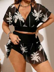 SHEIN Swim Curve Plus Size Women Deep V Palm Leaf Print Mesh 2 PiecesSwimsuit, Flattering & Slimming, Vacation Style - Multicolor - View 5