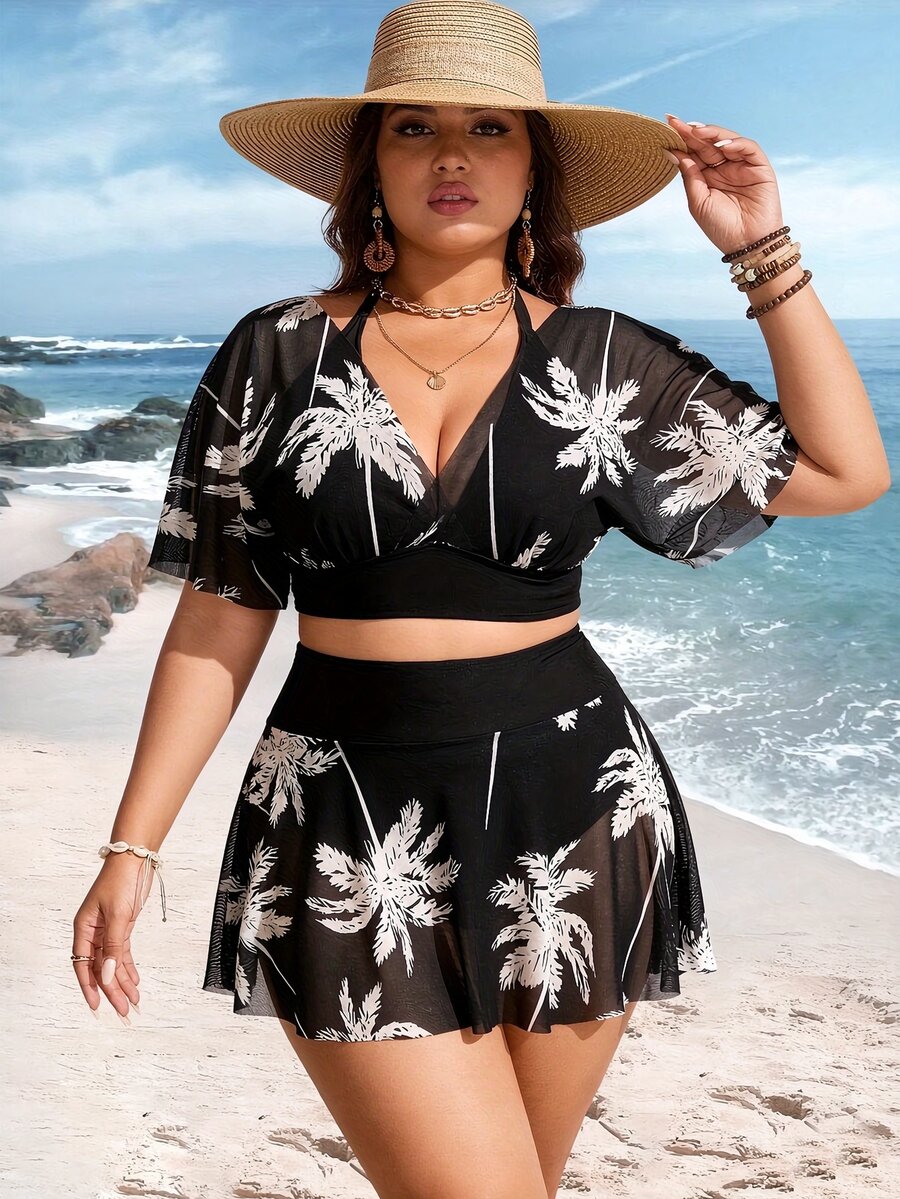 SHEIN Swim Curve Plus Size Women Deep V Palm Leaf Print Mesh 2 PiecesSwimsuit, Flattering & Slimming, Vacation Style - Multicolor - View 1