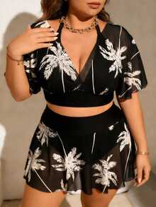 SHEIN Swim Curve Plus Size Women Deep V Palm Leaf Print Mesh 2 PiecesSwimsuit, Flattering & Slimming, Vacation Style - Multicolor - View 3