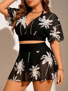SHEIN Swim Curve Plus Size Women Deep V Palm Leaf Print Mesh 2 PiecesSwimsuit, Flattering & Slimming, Vacation Style - Multicolor - View 6