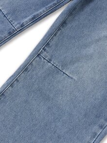 青少年男孩街頭風寬鬆寬腿休閒牛仔褲，兒童復古石洗百褶牛仔彎腿褲，復古懷舊休閒寬鬆版日常穿搭 - 中等水洗藍 - 查看 7