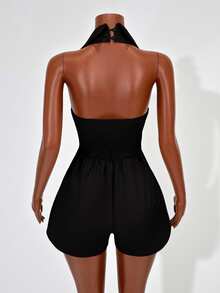 Mistrie Summer New Black Solid Color Jumpsuit, Sexy Hollow Lace-Up Waist Wide Leg Shorts, Suitable For Date Night Night Out, Commuting Mature Chic Style - Black - View 2