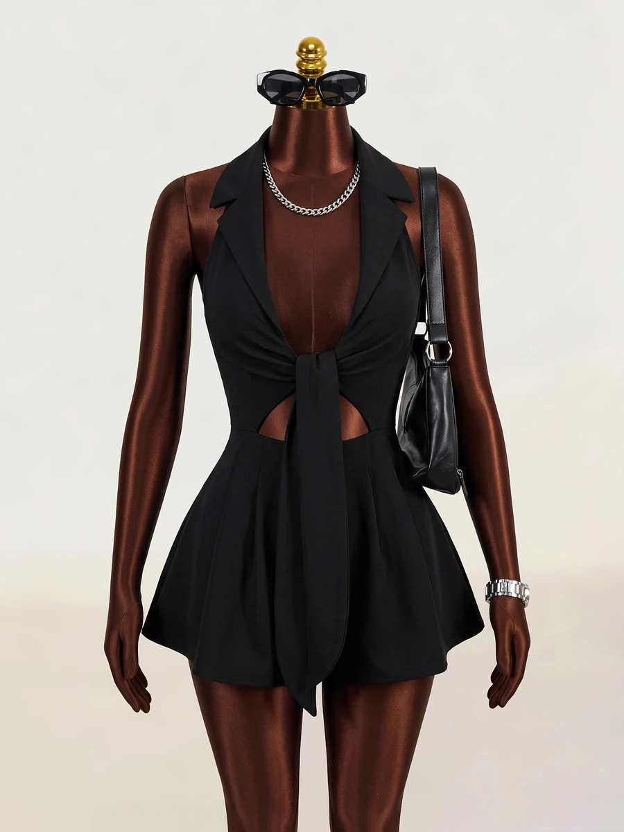 Mistrie Summer New Black Solid Color Jumpsuit, Sexy Hollow Lace-Up Waist Wide Leg Shorts, Suitable For Date Night Night Out, Commuting Mature Chic Style - Black - View 1