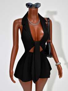 Mistrie Summer New Black Solid Color Jumpsuit, Sexy Hollow Lace-Up Waist Wide Leg Shorts, Suitable For Date Night Night Out, Commuting Mature Chic Style - Black - View 5