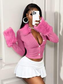 Mistrie Women's Solid Color Front Button Faux Fur Trim Fitted Long Sleeve T-Shirt Pink Y2k Club Sexy Valentine Pink Top - Hot Pink - View 7