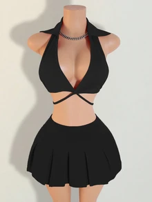 Mistrie 女士性感纯色露背吊带上衣和百褶迷你裙套装 - 黑色 - 查看 3