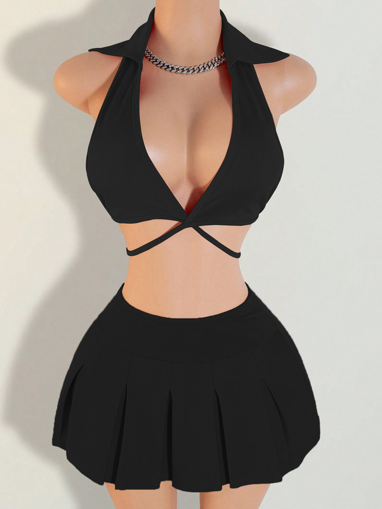 Mistrie Women's Sexy Solid Color Backless Halter Top And Pleated Mini Skirt Set - Black - View 4