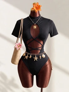 Mistrie Sexy Halter Backless Bodysuit, High Neck Short Sleeve Hollow Cross Strap Design, Slim Fit Revealing Waist And Back, Fashionable Party/Date Outfit - Black - View 2