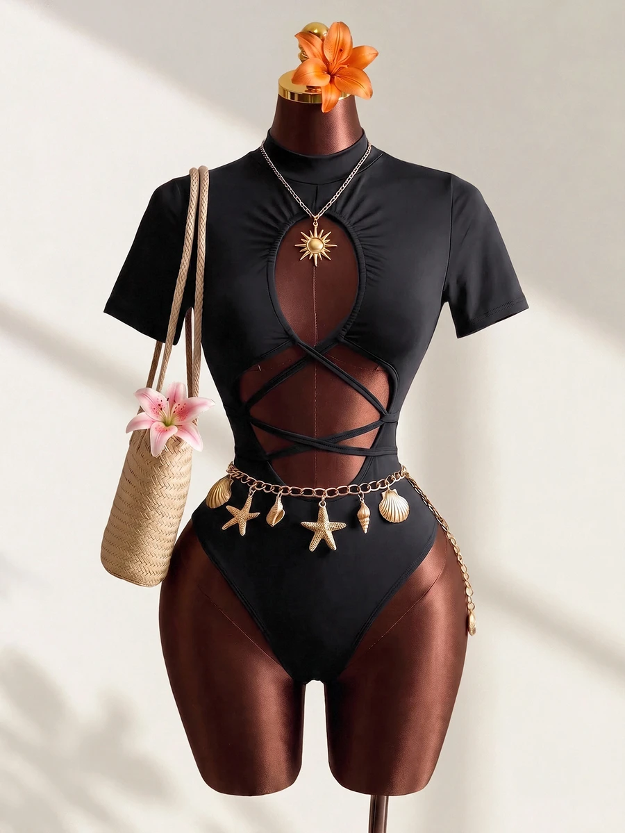 Mistrie Sexy Halter Backless Bodysuit, High Neck Short Sleeve Hollow Cross Strap Design, Slim Fit Revealing Waist And Back, Fashionable Party/Date Outfit