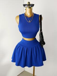 Mistrie 2pcs Women's Casual Solid Color Tank Top & Pleated Mini Skirt Set, Summer - Royal Blue - View 6
