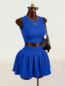 Mistrie 2pcs Women's Casual Solid Color Tank Top & Pleated Mini Skirt Set, Summer - Royal Blue - View 2
