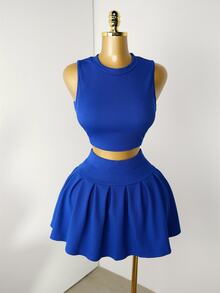Mistrie 2pcs Women's Casual Solid Color Tank Top & Pleated Mini Skirt Set, Summer - Royal Blue - View 7