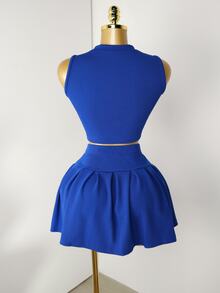 Mistrie 2pcs Women's Casual Solid Color Tank Top & Pleated Mini Skirt Set, Summer - Royal Blue - View 3