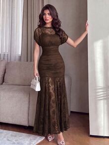 Modelyn Elegante y sexy vestido de encaje floral marrón con volantes, vestido de noche de alta gama para boda, fiesta, cena y boda - Café - Ver 1