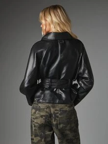 MISSGUIDED Faux Leather Double-Breasted Belted Jacket With High Stand Collar Mask Detail Oversized Hip Length Fall Winter Outerwear - Black - View 2