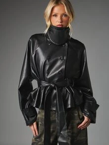 MISSGUIDED Faux Leather Double-Breasted Belted Jacket With High Stand Collar Mask Detail Oversized Hip Length Fall Winter Outerwear - Black - View 7