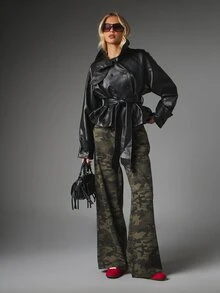 MISSGUIDED Faux Leather Double-Breasted Belted Jacket With High Stand Collar Mask Detail Oversized Hip Length Fall Winter Outerwear - Black - View 6