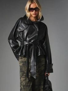 MISSGUIDED Faux Leather Double-Breasted Belted Jacket With High Stand Collar Mask Detail Oversized Hip Length Fall Winter Outerwear - Black - View 4