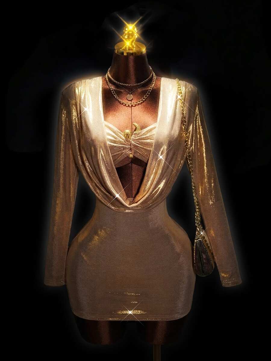 Zolique Sexy Slim Fit Long Sleeved Bodycon Dress - Gold - View 1