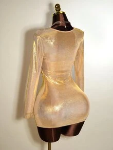 Zolique Sexy Slim Fit Long Sleeved Bodycon Dress - Gold - View 2