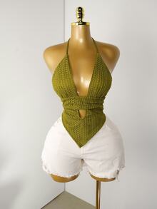 Mistrie Summer Sexy Solid Color Hollow Out Deep V Neck Halter Top With Straps,Green Bra,Lace,Reveal,Knot, - Green - View 7