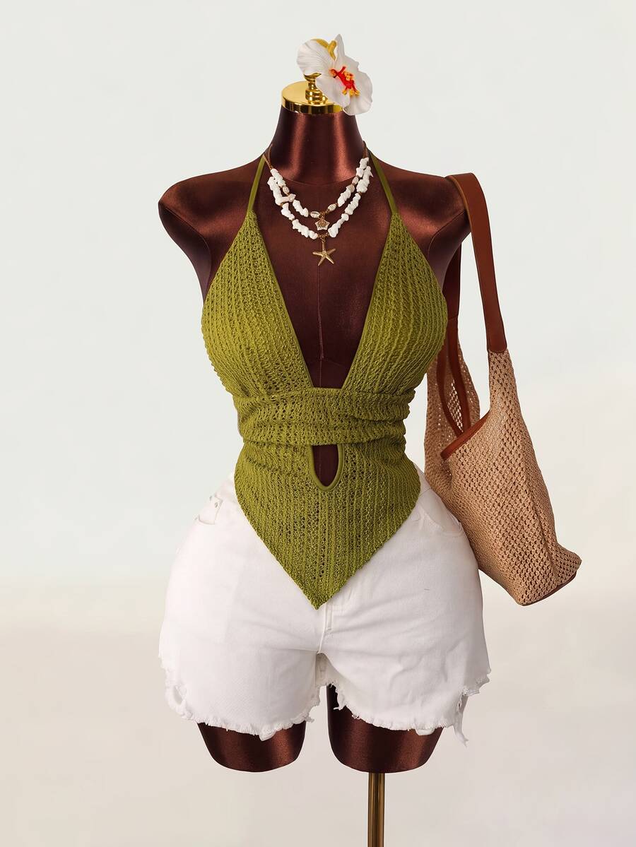 Mistrie Summer Sexy Solid Color Hollow Out Deep V Neck Halter Top With Straps,Green Bra,Lace,Reveal,Knot, - Green - View 1