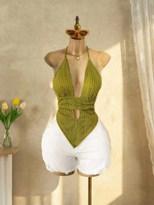 Mistrie Summer Sexy Solid Color Hollow Out Deep V Neck Halter Top With Straps,Green Bra,Lace,Reveal,Knot, - Green - View 8