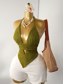 Mistrie Summer Sexy Solid Color Hollow Out Deep V Neck Halter Top With Straps,Green Bra,Lace,Reveal,Knot, - Green - View 5