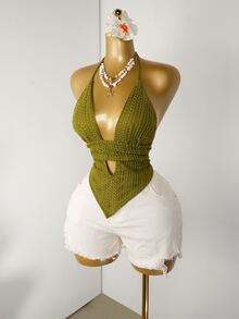 Mistrie Summer Sexy Solid Color Hollow Out Deep V Neck Halter Top With Straps,Green Bra,Lace,Reveal,Knot, - Green - View 6