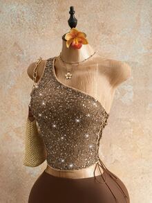 Zolique 2026 Spring/Summer Mesh Beaded One Shoulder Side Tie Top For Women Golf White Sexy - Khaki - View 4