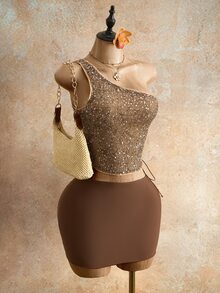 Zolique 2026 Spring/Summer Mesh Beaded One Shoulder Side Tie Top For Women Golf White Sexy - Khaki - View 6